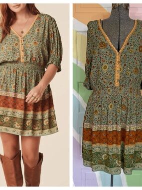 Spell Boho Floral Mini Dress M Fit Flare V Neck Peasant Festival